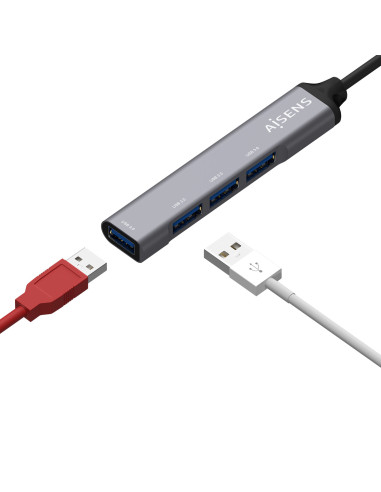 AISENS Hub USB 3.1 USB-C, Tipo C M - 4x Tipo A H, Gris, 10 cm