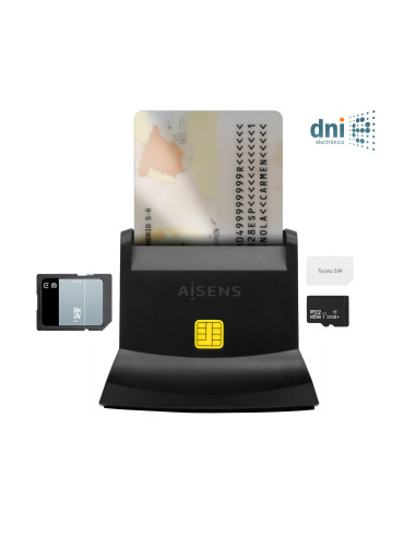 AISENS Lector De Tarjeta Dni Con Lector De Tarjetas SIM, SD, Micro SD, MMC, RS-MMC, MMC Micro, USB-C, Negro