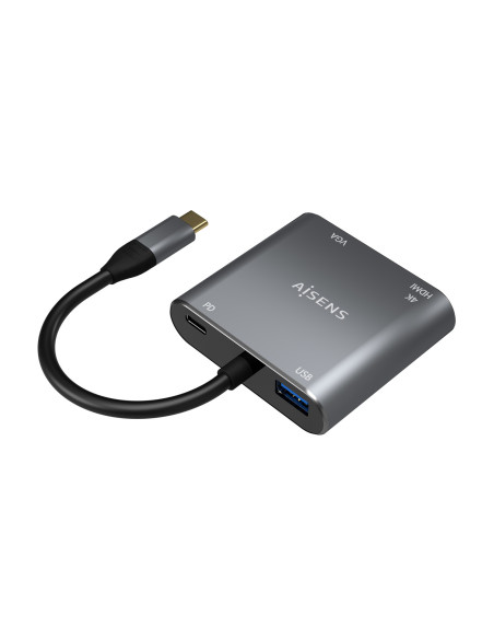 AISENS Conversor USB-C a VGA HDMI 4K USB3.0 USB-C PD, USB-C M-VGA H-HDMI H-USB-A H-USB-C H, Gris, 15CM