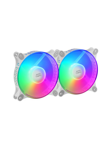 Mars Gaming MFDUO, Kit 2 Ventiladores FRGB Rainbow 360°, Ultra-silencioso, Doble Conexión 3PIN + 4PIN, Blanco