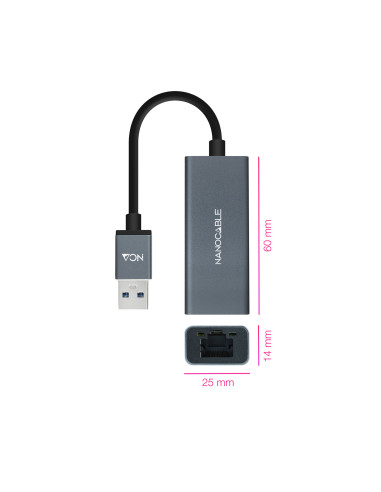Nanocable Conversor USB 3.0 a Ethernet Gigabit 10 100 1000 Mbps, Aluminio, Gris, 15 cm