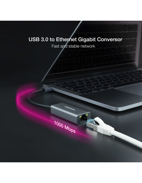 Nanocable Conversor USB 3.0 a Ethernet Gigabit 10 100 1000 Mbps, Aluminio, Gris, 15 cm