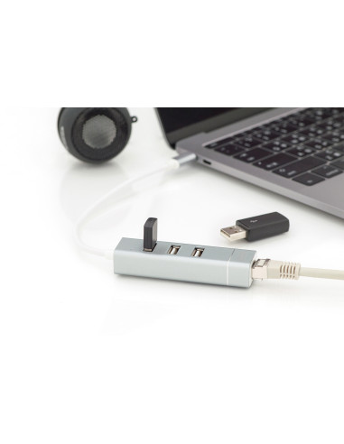Digitus Concentrador USB 2.0 de 3 puertos y adaptador LAN Fast Ethernet con conexión Type-C™
