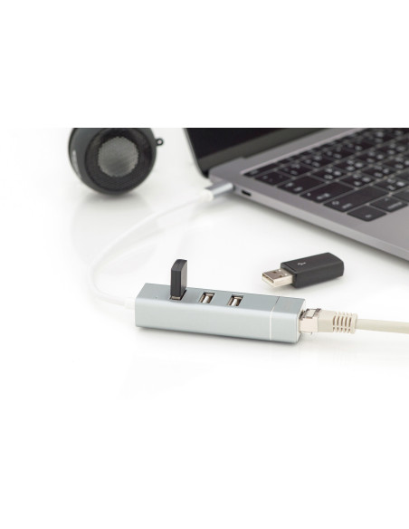 Digitus Concentrador USB 2.0 de 3 puertos y adaptador LAN Fast Ethernet con conexión Type-C™
