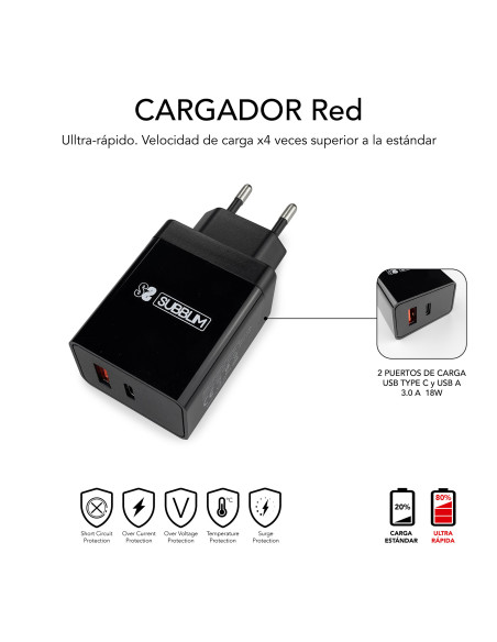 SUBBLIM CARGADOR ULTRA RAPIDO 2xUSB DE PARED PD25W+QC3.0+Cable C to C y lightning Negro