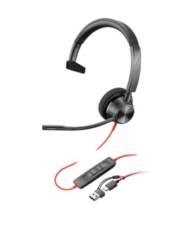 HP Poly Auriculares monoaurales Poly Blackwire 3310 con certificación Microsoft Teams USB-C + Adaptador USB-C/A