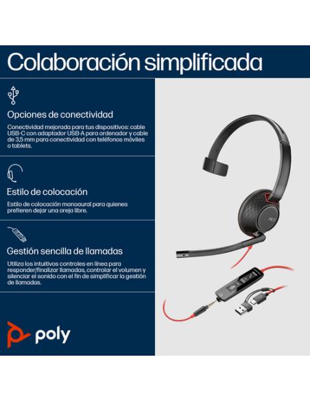 HP Poly Auriculares Poly Blackwire 5210 monaural USB-C + conector de 3,5 mm + adaptador USB-C/A (paquete)