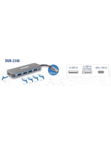 D-Link DUB-2340 hub de interfaz USB Tipo C 5000 Mbit s Gris