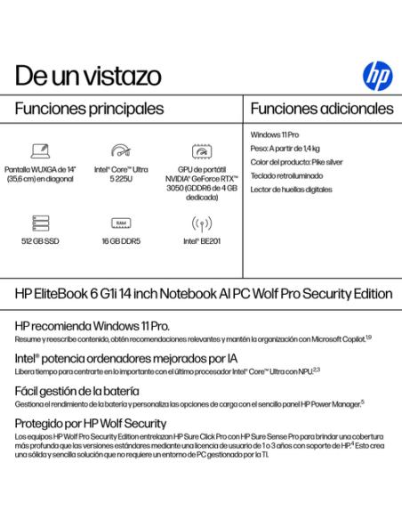 HP EliteBook 6 G1i 14 inch Notebook AI PC Wolf Pro Security Edition Intel Core Ultra 5 225U Portátil 35,6 cm (14") WUXGA 16 GB D