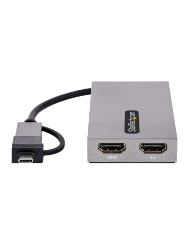 StarTech.com Adaptador de USB a HDMI Doble, USB A C a 2 Pantallas HDMI (1x 4K30Hz, 1x 1080p), Dongle Integrado USB-A a C, Cable