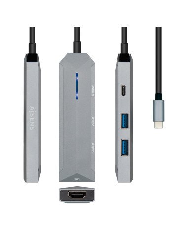 AISENS USB-C dock 4 en 1, USB-C a 1xHDMI, 2xUSB, 1xPD, Gris, 15 cm