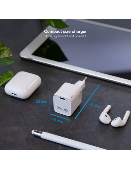 TooQ Cargador de Pared USB-C PD20W, Blanco