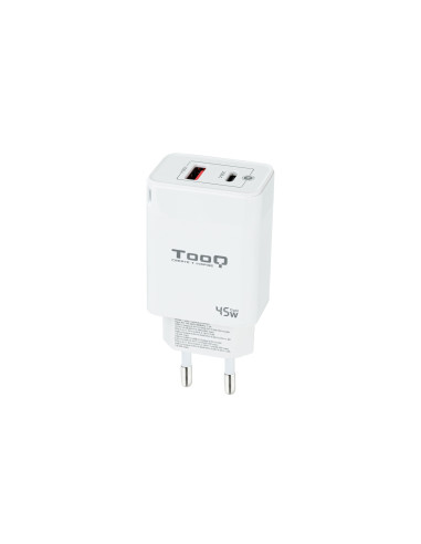 TooQ Cargador de Pared GaN USB-C PD + USB-A QC 45W, Blanco