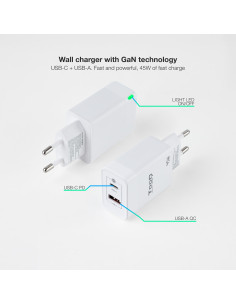 TooQ Cargador de Pared GaN USB-C PD + USB-A QC 45W, Blanco 2