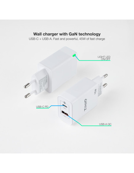 TooQ Cargador de Pared GaN USB-C PD + USB-A QC 45W, Blanco