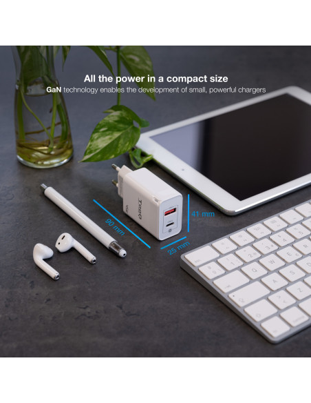 TooQ Cargador de Pared GaN USB-C PD + USB-A QC 45W, Blanco