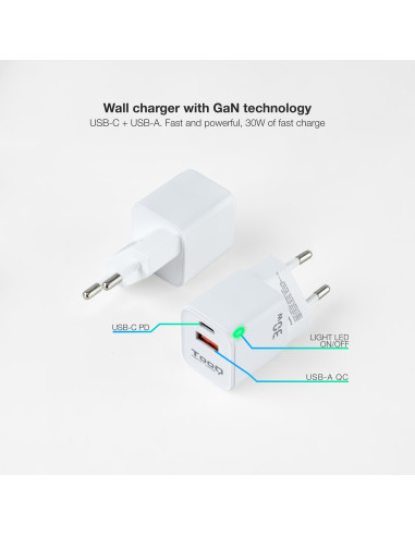 TooQ Cargador de Pared GaN USB-C PD + USB-A QC 30W, Blanco