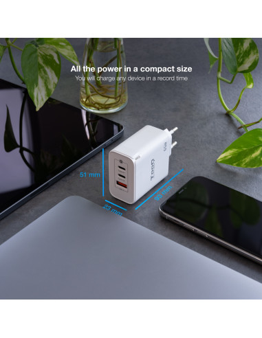 TooQ Cargador de Pared GaN 2USB-C PD + USB-A QC 65W, Blanco