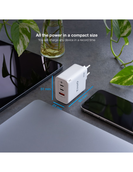 TooQ Cargador de Pared GaN 2USB-C PD + USB-A QC 65W, Blanco