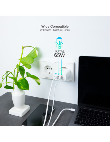 TooQ Cargador de Pared GaN 2USB-C PD + USB-A QC 65W, Blanco