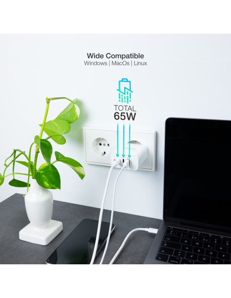 TooQ Cargador de Pared GaN 2USB-C PD + USB-A QC 65W, Blanco