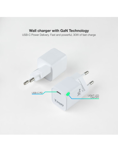 TooQ Cargador de Pared GAN USB-C PD 30W, Blanco