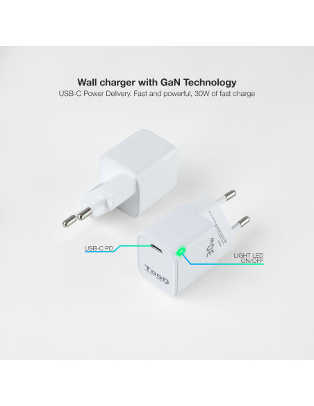 TooQ Cargador de Pared GAN USB-C PD 30W, Blanco