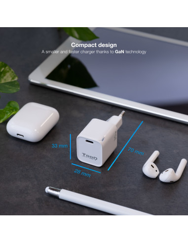 TooQ Cargador de Pared GAN USB-C PD 30W, Blanco
