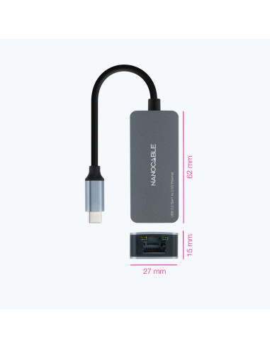 Nanocable Conversor USB-C 3.2 GEN1 a Ethernet 2.5G, Aluminio, Gris, 15 cm