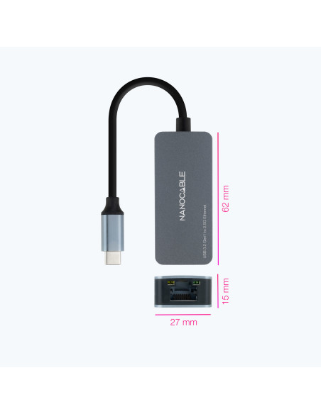 Nanocable Conversor USB-C 3.2 GEN1 a Ethernet 2.5G, Aluminio, Gris, 15 cm