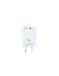 TooQ Cargador de Pared USB-C PD + USB-A QC 20W, Blanco