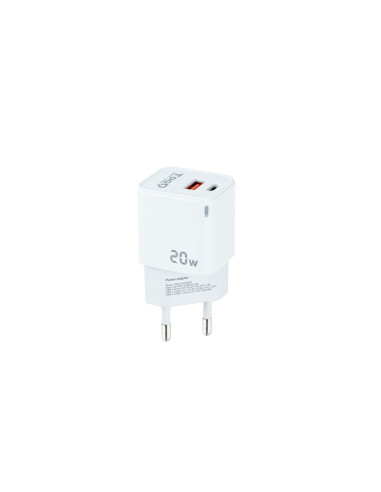 TooQ Cargador de Pared USB-C PD + USB-A QC 20W, Blanco