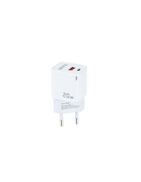 TooQ Cargador de Pared USB-C PD + USB-A QC 20W, Blanco
