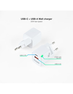 TooQ Cargador de Pared USB-C PD + USB-A QC 20W, Blanco 2