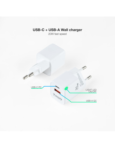TooQ Cargador de Pared USB-C PD + USB-A QC 20W, Blanco