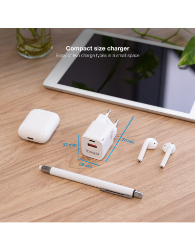 TooQ Cargador de Pared USB-C PD + USB-A QC 20W, Blanco