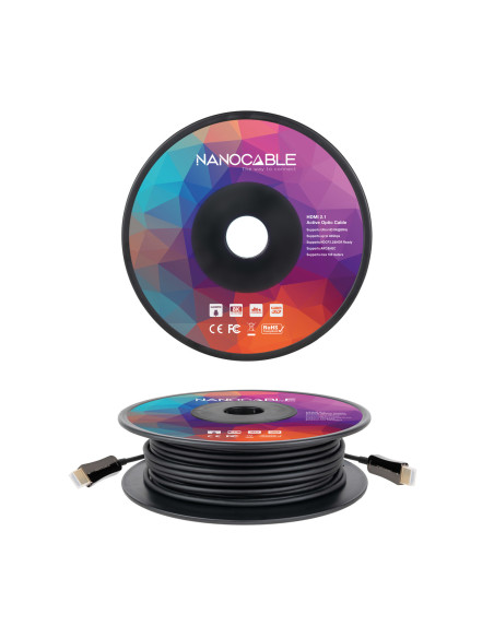 Nanocable Cable HDMI V2.1 AOC 8K@60Hz 4K@120Hz 48Gbps A M-A M, Negro, 100 m