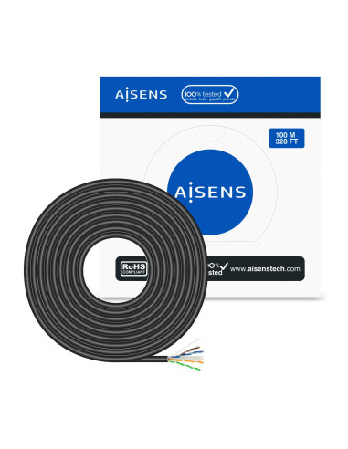 AISENS Cable de Red Exterior Impermeable RJ45 Cat.6 UTP Rígido CCA AWG23, Negro, 100M