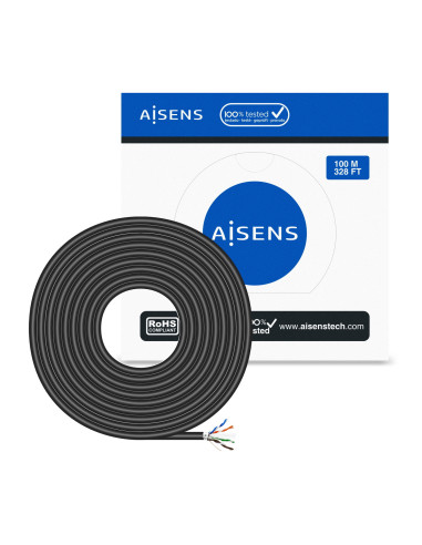 AISENS Cable de Red Exterior Impermeable RJ45 Cat.6 FTP Rigido AWG24, Negro, 100M