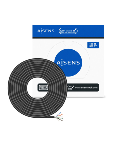 AISENS Cable de Red Exterior Impermeable RJ45 Cat.6 FTP Rigido AWG24, Negro, 100M
