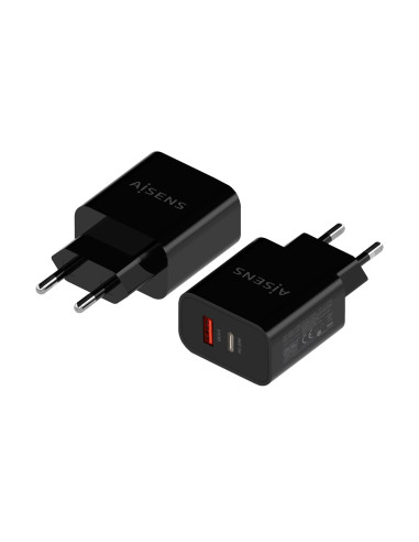 AISENS Cargador 20W, 1xUSB-C PD3.0, 1xUSB-A QC3.0, Negro