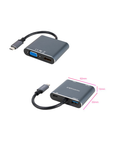 Nanocable Conversor USB-C a HDMI VGA USB3.0 PD 15 cm, Gris