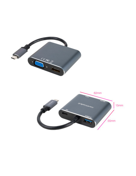 Nanocable Conversor USB-C a HDMI VGA USB3.0 PD 15 cm, Gris