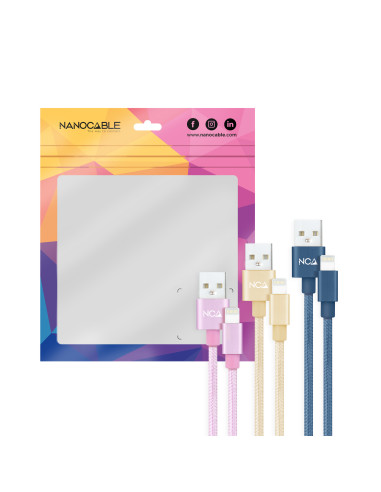 Nanocable 3 Cables Lightning a USB 2.0, Lightning M-USB A M, Rosa, Dorado y Azul Pacífico, 1 m