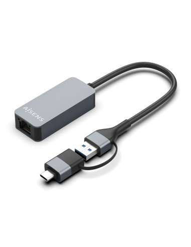 AISENS Conversor USB3.2 Gen1 USB-A+USB-C a Ethernet 2.5G 10 100 1000 2500 Mbps, Gris, 15cm