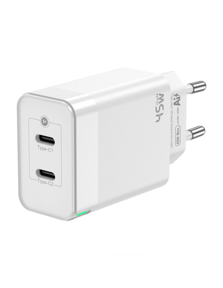 AISENS Cargador Gan 45W, 2xUSB-C PD3.0 QC4.0, Blanco