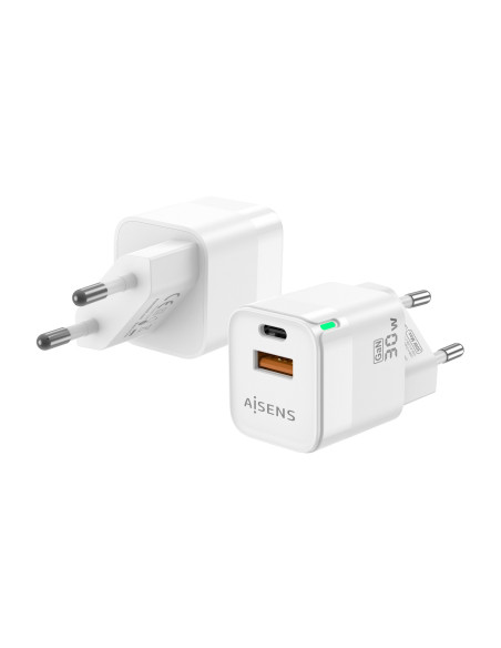 AISENS Cargador Gan 30W, 1xUSB-C PD3.0 QC4.0, 1xUSB-A QC3.0, Blanco