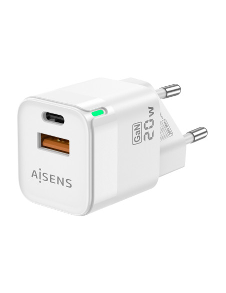 AISENS Cargador Gan 20W, 1xUSB-C PD3.0 QC4.0, 1xUSB-A QC3.0, Blanco