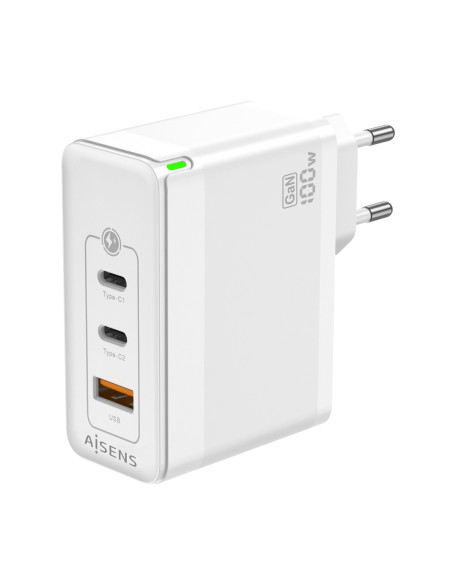 AISENS Cargador Gan 100W, 2xUSB-C PD3.0 QC4.0 QC5.0, 1xUSB-A QC3.0, Blanco