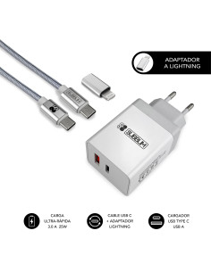 SUBBLIM CARGADOR ULTRA RAPIDO 2xUSB DE PARED PD25W+QC3.0+Cable C to C y lightning Blanco 2
